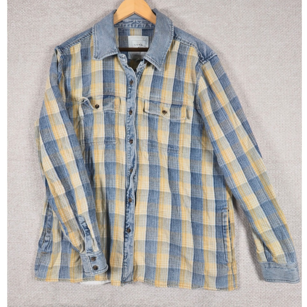 CLEO + WOLF Oversized Button Front Shirt‎ Jacket Womens Plaid Blue Yellow Sz XL